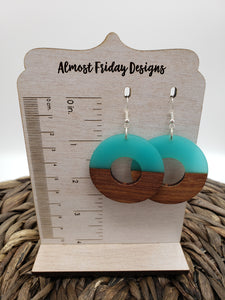Wooden Earrings - Circle Cut Out- Teal - Statement Earrings - Wood and Resin
