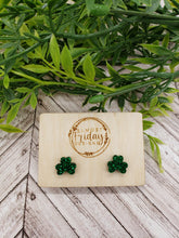 Load image into Gallery viewer, Acrylic Earrings - Shamrocks - Green - St. Patrick&#39;s Day - Glitter Earrings - Four Leaf Clover - Studs
