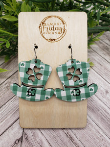 Wood Earrings - Shamrocks - Green - St. Patrick's Day - Green and White Plaid Earrings - Four Leaf Clover - Leprechaun - Leprechaun Hat
