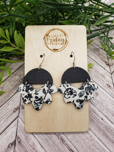 Genuine Leather Earrings - Petal - Scallop - Black and White Earrings - Flower Earrings - Floral Print - Statement Earrings
