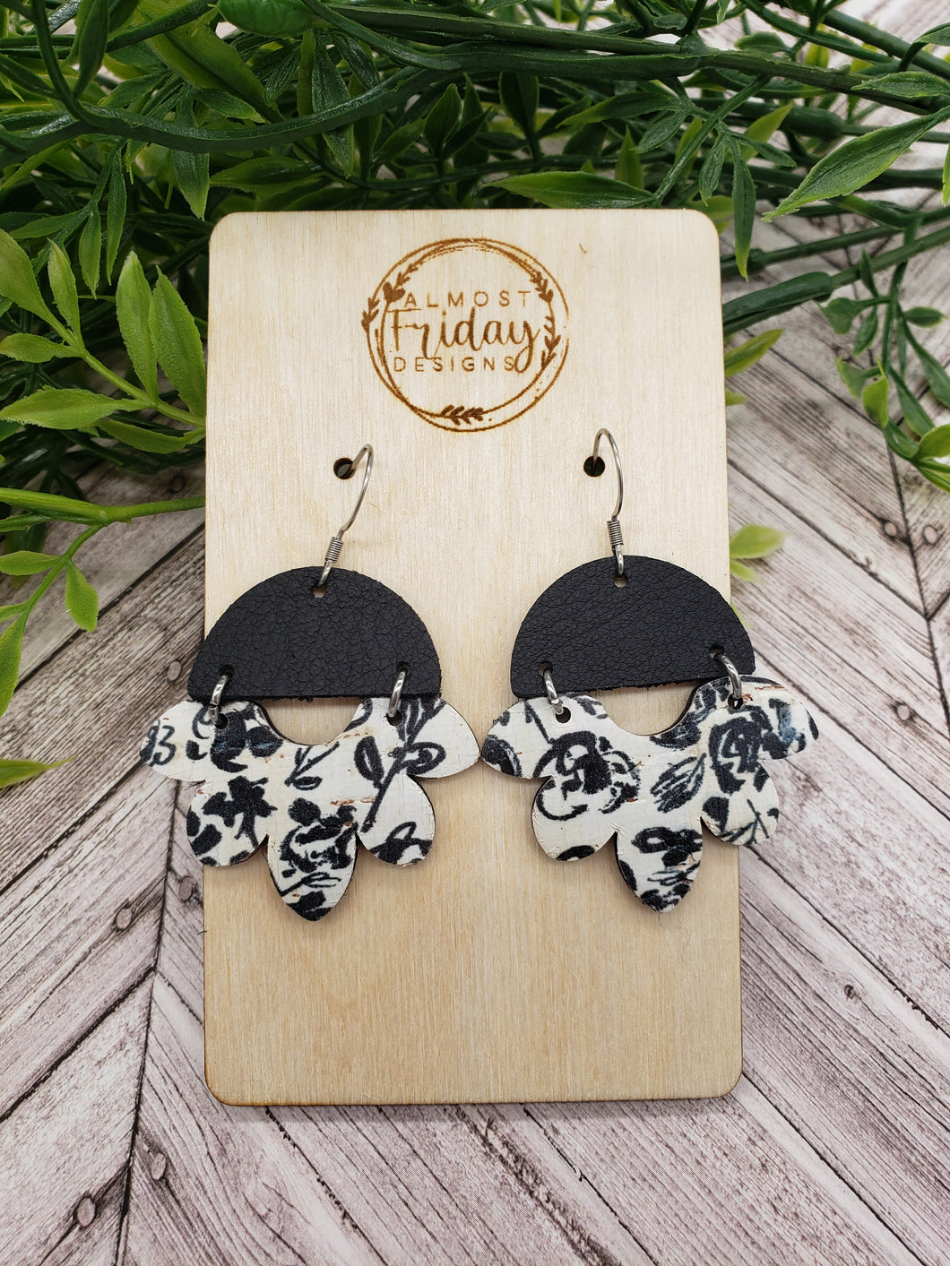 Genuine Leather Earrings - Petal - Scallop - Black and White Earrings - Flower Earrings - Floral Print - Statement Earrings