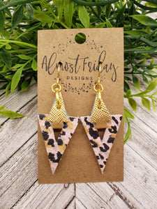 Genuine Leather Earrings - Triangle - Arrow - Black and Pink Earrings - Black and Gold - Statement Earrings - Leopard Print - Animal Print