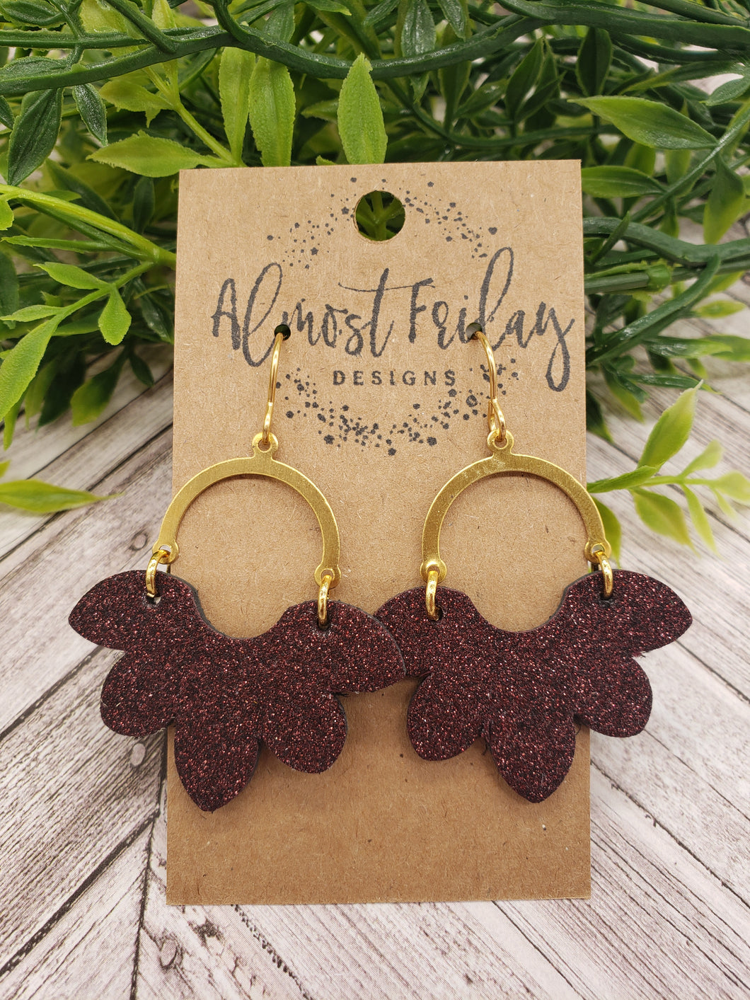 Genuine Leather Earrings - Petal - Scallop - Gold Earrings - Burgundy - Glitter Earrings - Statement Earrings - Arch Connector