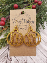 Load image into Gallery viewer, Acrylic Earrings - Christmas Earrings - Ornament - Gold - Glitter - Cut Out Earrings - Joy Earrings - Statement Earrings
