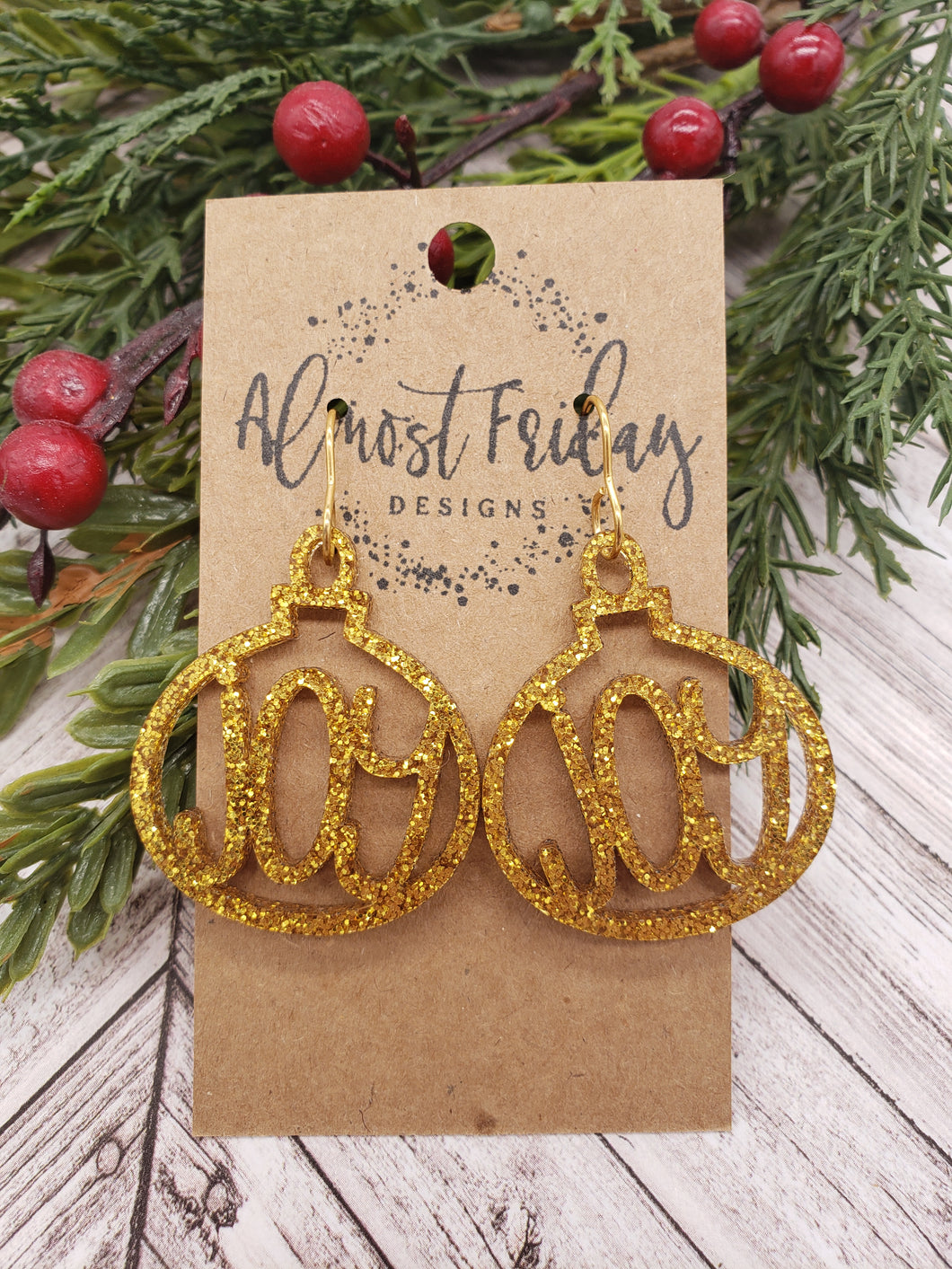 Acrylic Earrings - Christmas Earrings - Ornament - Gold - Glitter - Cut Out Earrings - Joy Earrings - Statement Earrings