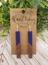 Load image into Gallery viewer, Wood Earrings - Bar - Blue - Statement Earrings - Bar Earrings - Wood and Resin - Navy Earrings
