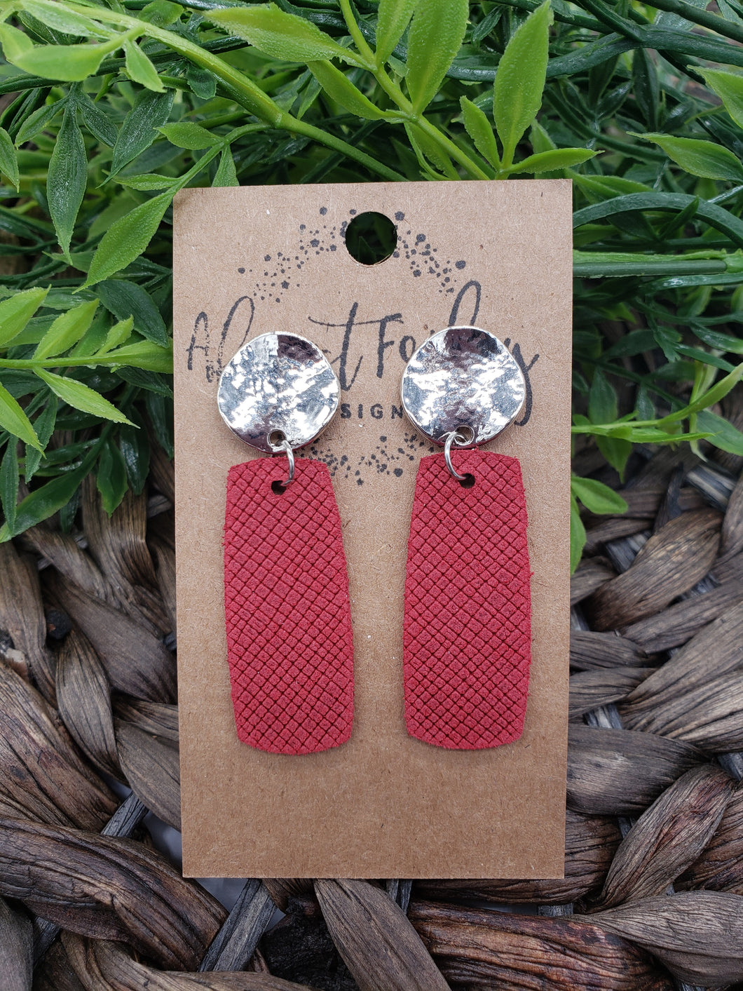 Genuine Leather Earrings - Bar - Red - Textured Earrings - Statement Earrings - Bar Earrings - Metal and Genuine Leather - Stud Posts