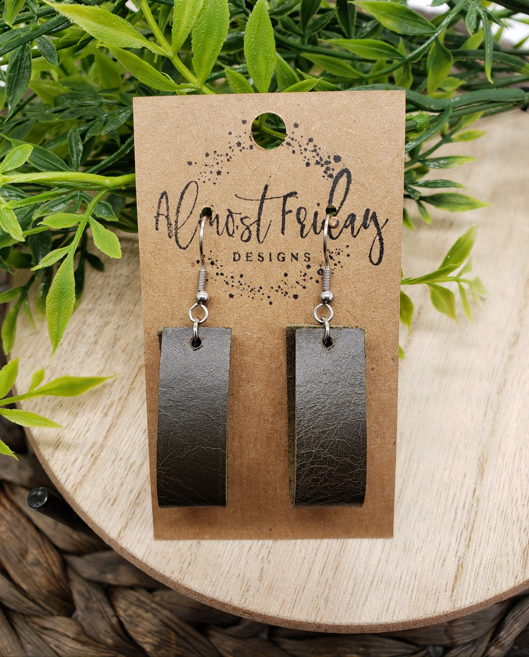 Genuine Leather Earrings - Olive - Loop Earrings - Dark Olive - Statement Earrings - Straight Loop