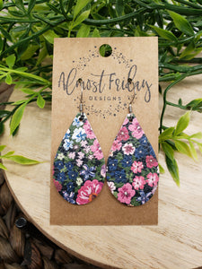 Genuine Leather Earrings - Teardrop - Floral Designs - Flowers - Spring Flowers - Pansies