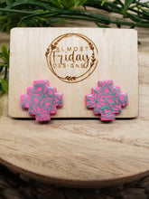Load image into Gallery viewer, Clay Earrings - Statement Earrings - Pink and Teal - Floral Design - Stud Earrings
