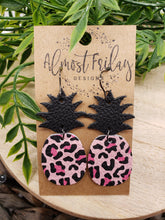 Load image into Gallery viewer, Genuine Leather Earrings - Pineapple Earrings - Leopard - Colorful - Pink and Black - Animal Print - Floral Earrings - Summer Earrings - Statement Earrings
