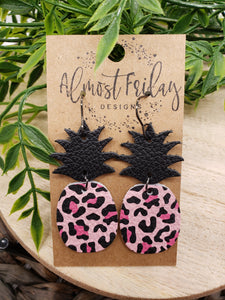 Genuine Leather Earrings - Pineapple Earrings - Leopard - Colorful - Pink and Black - Animal Print - Floral Earrings - Summer Earrings - Statement Earrings