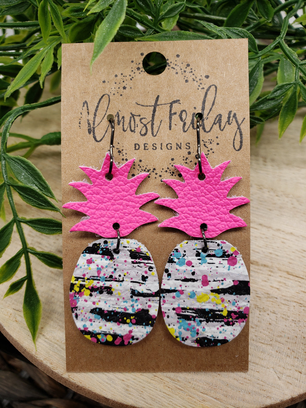 Genuine Leather Earrings - Pineapple - Summer Earrings - Colorful - White - Summer - Statement Earrings - Neon - Striped Earrings - Black and White Leather