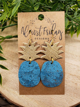 Load image into Gallery viewer, Genuine Leather Earrings - Pineapple Earrings - Gold Shimmer - Colorful - Teal - Gold - Summer Earrings - Statement Earrings
