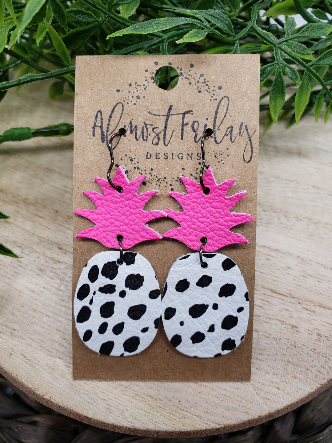 Genuine Leather Earrings - Pineapple Earrings - Dalmatian Spots - Colorful - Black - Hot Pink - Animal Print - White - Summer Earrings - Statement Earrings