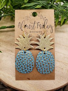 Genuine Leather Earrings - Pineapple Earrings - Gold Shimmer - Colorful - Teal - Gold - Summer Earrings - Statement Earrings