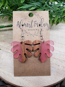 Wood and Resin Earrings - Monstera Leaf -Pink Earrings - Statement Earrings - Leaf Earrings - Summer Earrings