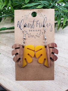 Wood and Resin Earrings - Monstera Leaf -Yellow Earrings - Statement Earrings - Leaf Earrings - Summer Earrings