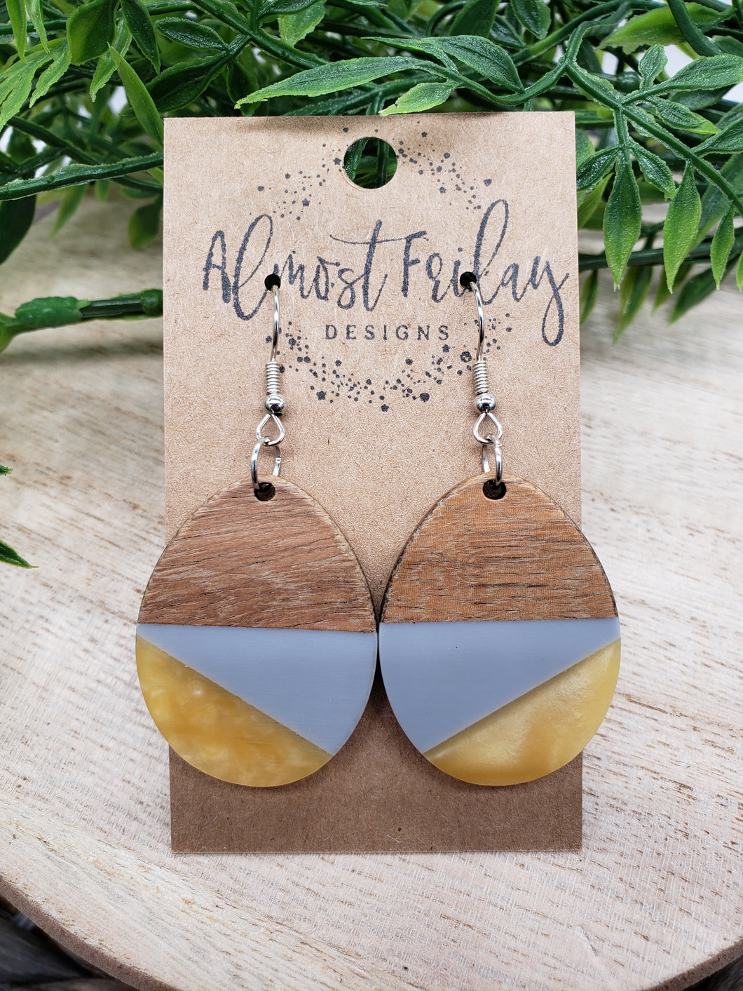 Wood and Resin Earrings - Oval - Yellow - Gray - Statement Earrings - Pantone's Colors of the Year