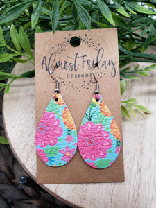 Genuine Leather Earrings - Summer Flowers - Floral Earrings - Flowers - Colorful - Summer Earrings - Teardrop - Statement Earrings - Pink - Aqua - Yellow