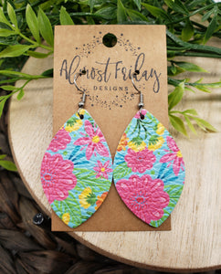 Genuine Leather Earrings - Summer Flowers - Floral Earrings - Flowers - Colorful - Summer Earrings - Leaf Cut - Statement Earrings - Pink - Aqua - Yellow