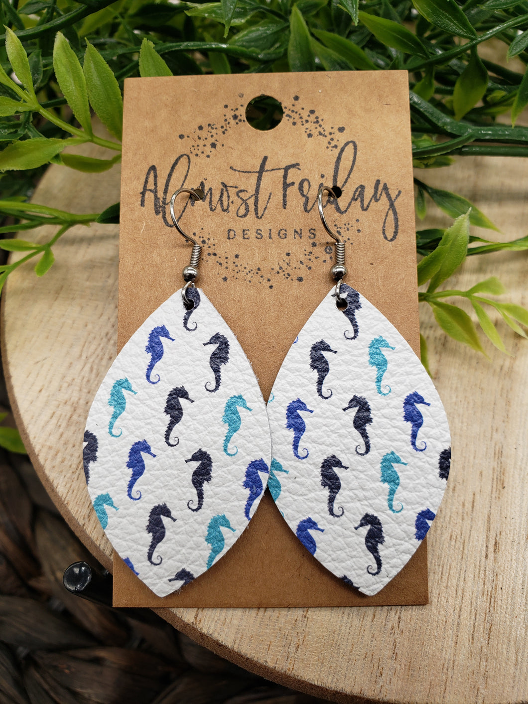 Genuine Leather Earrings - Seahorses - Beach - Blue - Aqua - Summer Earrings - Leaf Cut - Statement Earrings