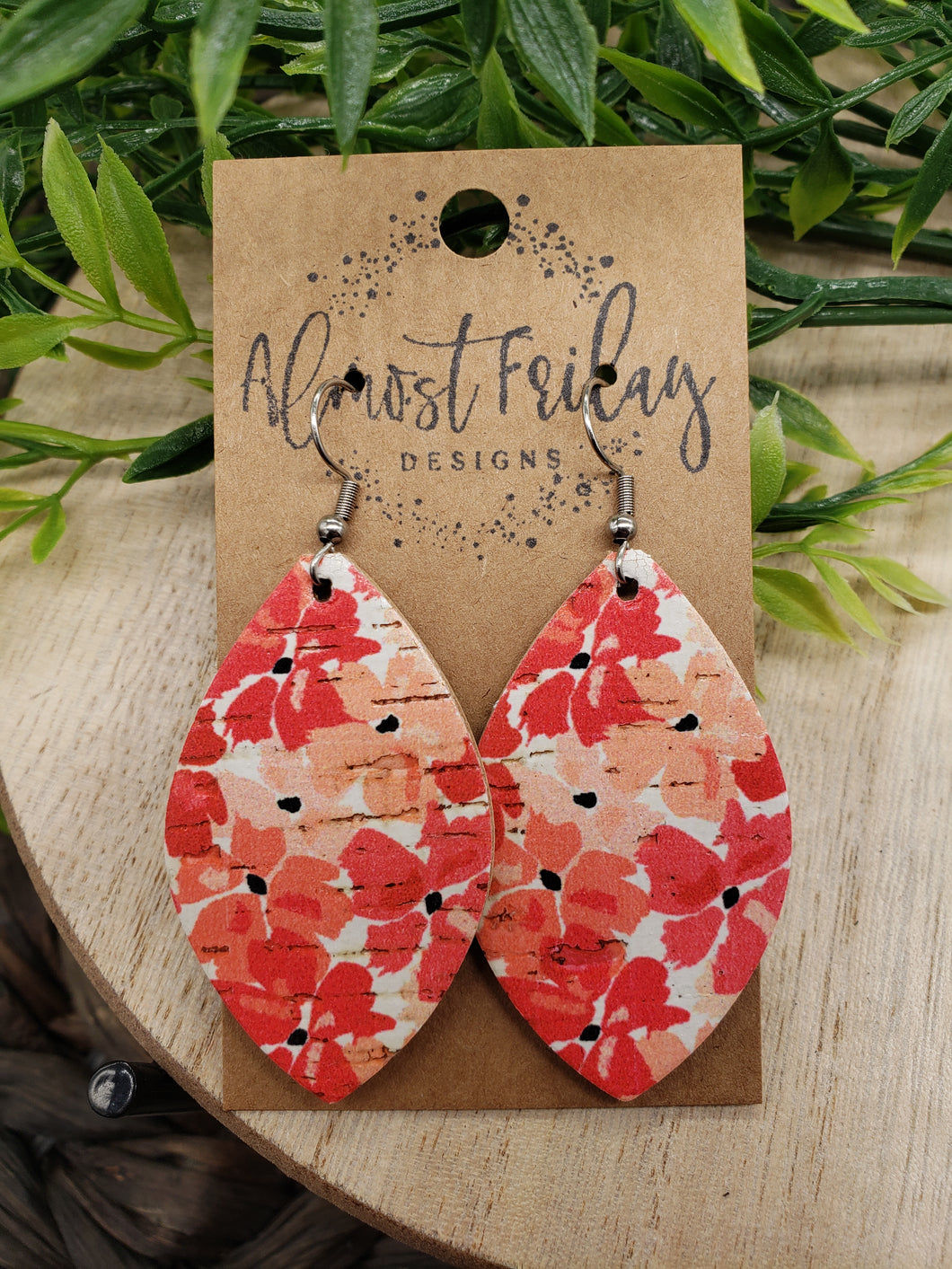 Genuine Leather Earrings - Leaf Cut - Vinca - Red - Coral - Floral Earrings - Flowers - Summer Earrings - Statement Earrings