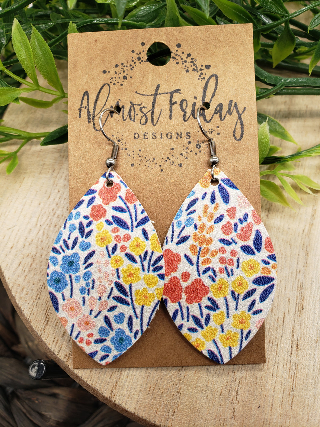 Genuine Leather Earrings - Leaf Cut - Floral - Blue - Peach - Colorful Flowers - Summer Earrings - Statement Earrings - Spring - Flowers