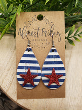 Load image into Gallery viewer, Genuine Leather Earrings - Red - Blue - Patriotic Earrings - Stars and Stripes - 4th of July - Teardrop - Glitter - Independence Day - USA - Olympics
