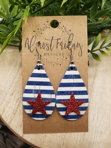 Genuine Leather Earrings - Red - Blue - Patriotic Earrings - Stars and Stripes - 4th of July - Teardrop - Glitter - Independence Day - USA - Olympics