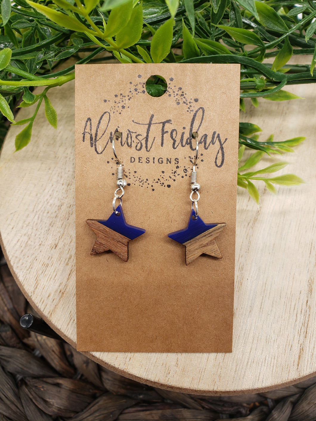 Wood Earrings - Star - 4th of July - Independence Day - USA - Olympics - Blue - Statement Earrings - Mini Star - Wood and Resin