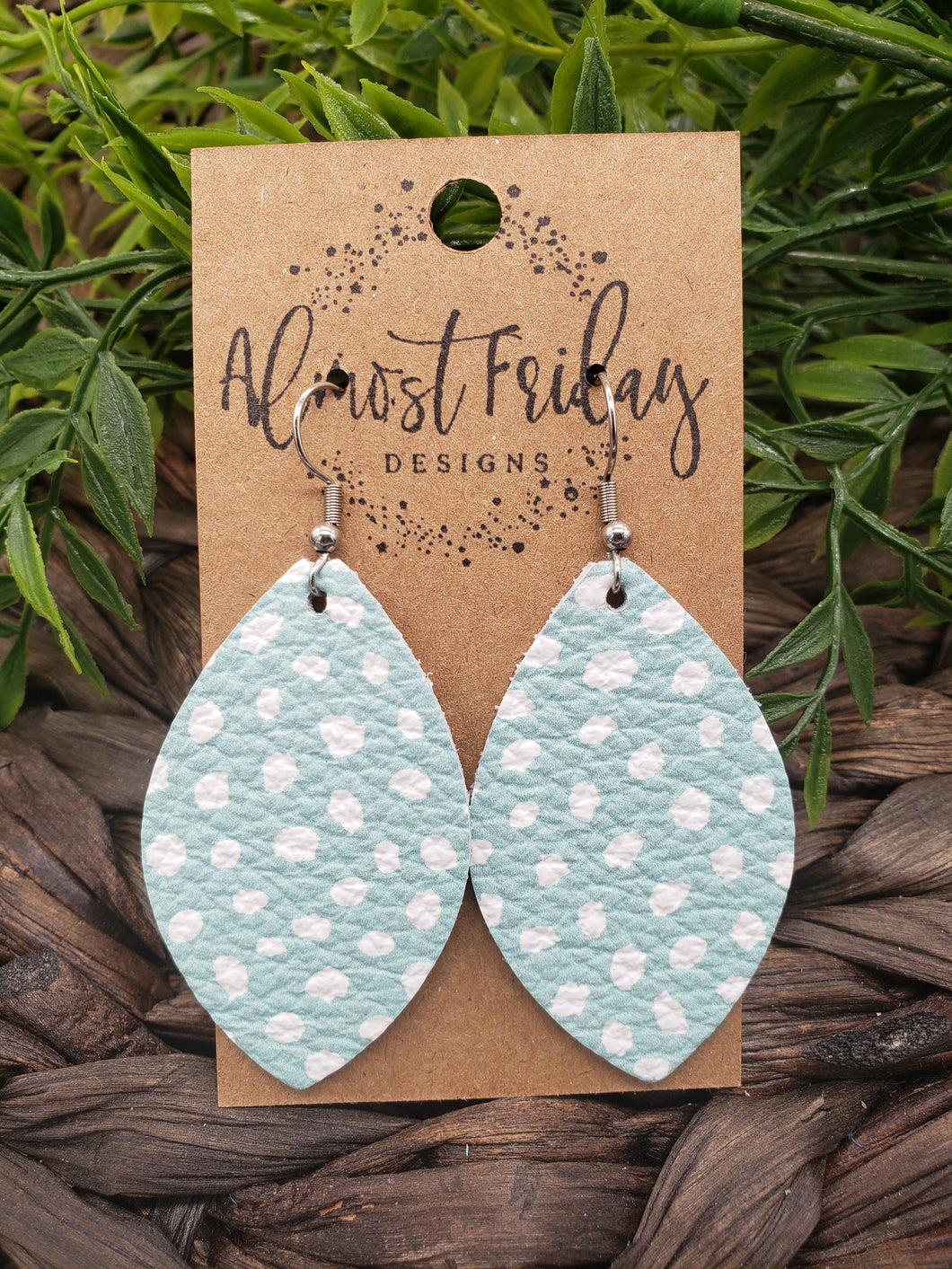 Genuine Leather Earrings - Mint - Dalmatian Print  - Spots - Animal Print - White - Leaf Cut - Dots - Spotted Leather