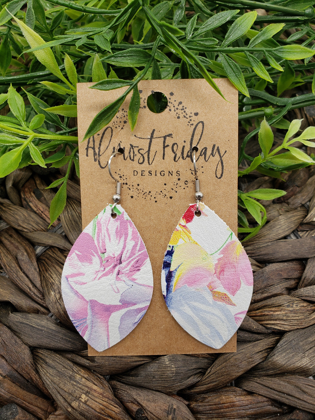 Genuine Leather Earrings -Tropical Plants - Pink - Purple - Flowers - Floral Earrings - Leaf Cut -Statement Earrings - Summer Earrings