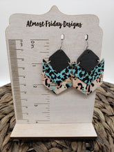 Load image into Gallery viewer, Genuine Leather Earrings - Arrow - Chevron - Teal and Black Earrings - Leopard Design - Statement Earrings - Wood and Leather Earrings - Spots - Animal Print - Pink
