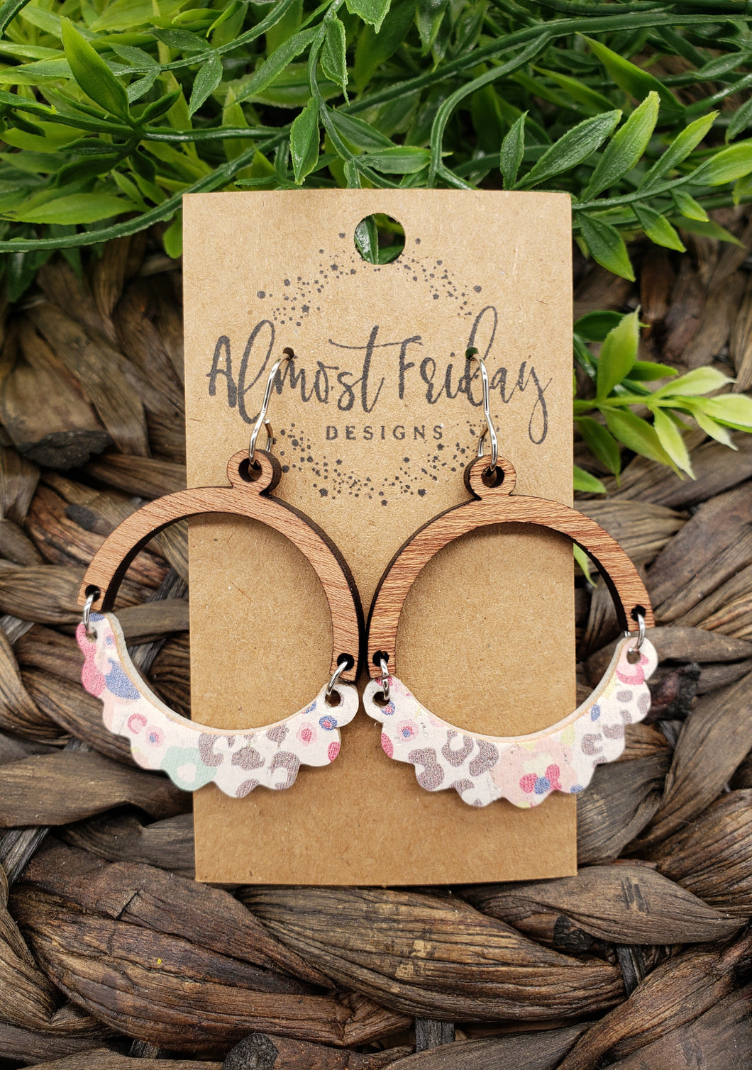Genuine Leather Earrings - Wood Earrings - Watercolor Flowers - Scallop - Floral - Leopard Print - Pink - Circle Earrings - Statement Earrings - Spring - Flowers
