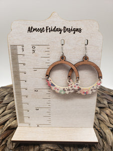 Genuine Leather Earrings - Wood Earrings - Watercolor Flowers - Crescent - Floral - Leopard Print - Pink - Circle Earrings - Statement Earrings - Spring - Flowers