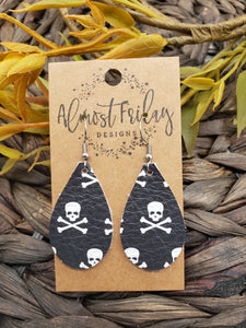 Genuine Leather Earrings - Teardrop - Halloween Earrings - Sugar Skulls - Skull and Bones - Skull - Bones - Statement Earrings