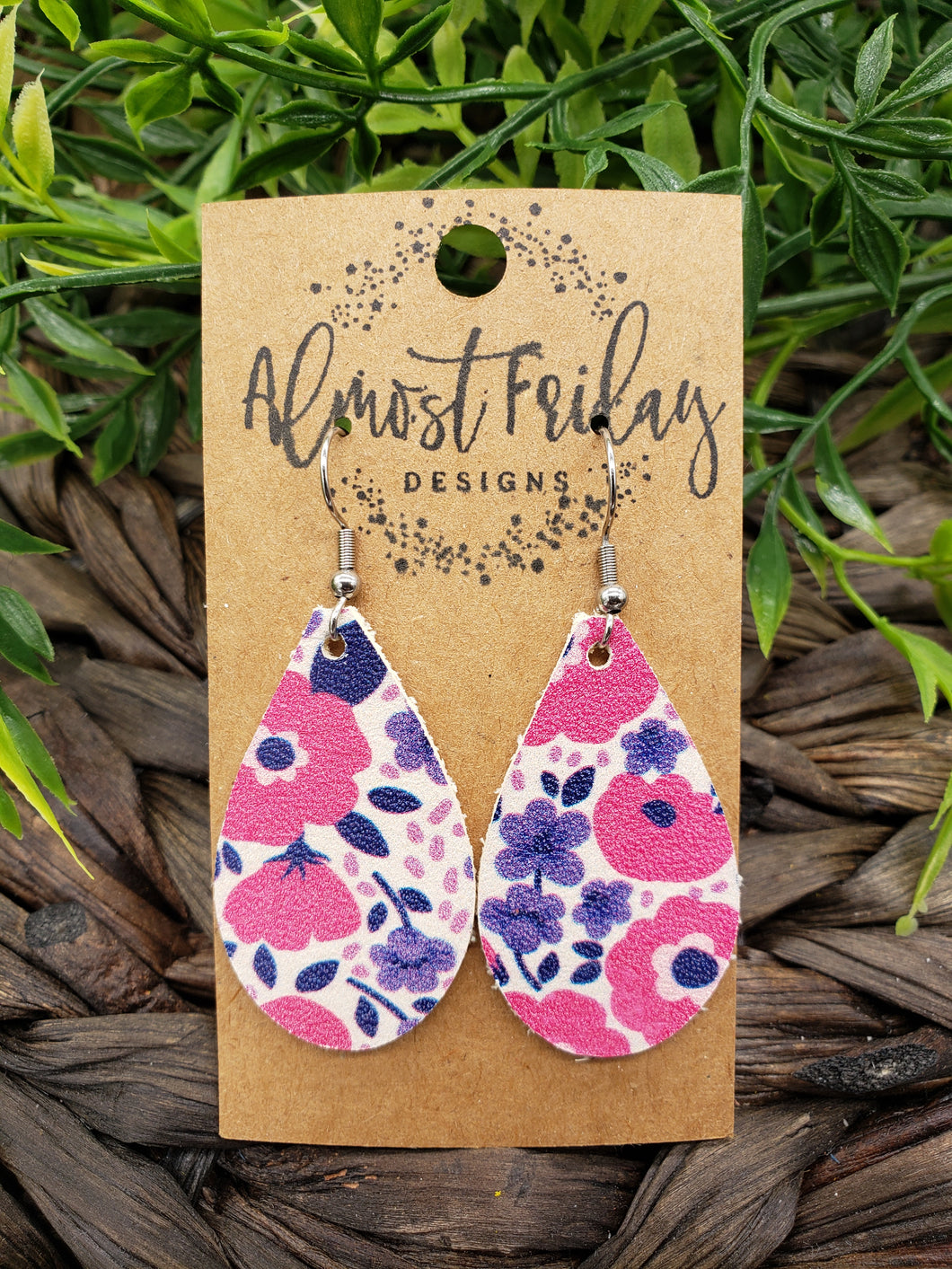 Genuine Leather Earrings - Pink - Purple - Summer Flowers - Floral Earrings - Flowers - Colorful - Summer Earrings - Teardrop - Statement Earrings
