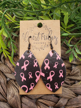 Load image into Gallery viewer, Genuine Leather Earrings - Leaf Cut - Breast Cancer Ribbon - Breast Cancer Awareness Ribbon Earrings - Cancer Awareness - Pink Ribbon - Statement Earrings - Black - Pink
