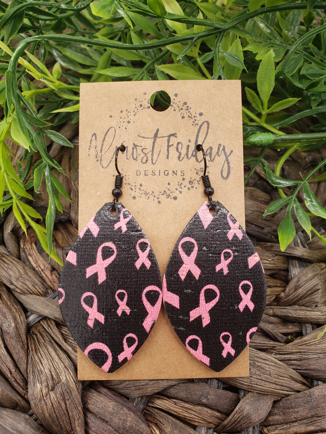 Genuine Leather Earrings - Leaf Cut - Breast Cancer Ribbon - Breast Cancer Awareness Ribbon Earrings - Cancer Awareness - Pink Ribbon - Statement Earrings - Black - Pink