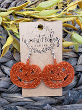 Load image into Gallery viewer, Acrylic - Pumpkin - Glitter - Halloween Earrings - Jack-o&#39;-Lantern - Cut Out Earrings - Orange Earrings -  Statement Earrings
