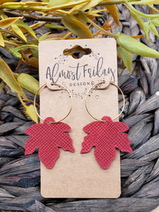 Genuine Leather Earrings - Leaf - Statement Earrings - Fall Leaf - Fall Earrings - Maple Leaf - Red - Textured Leather - Hoop Earrings - Textured Leather