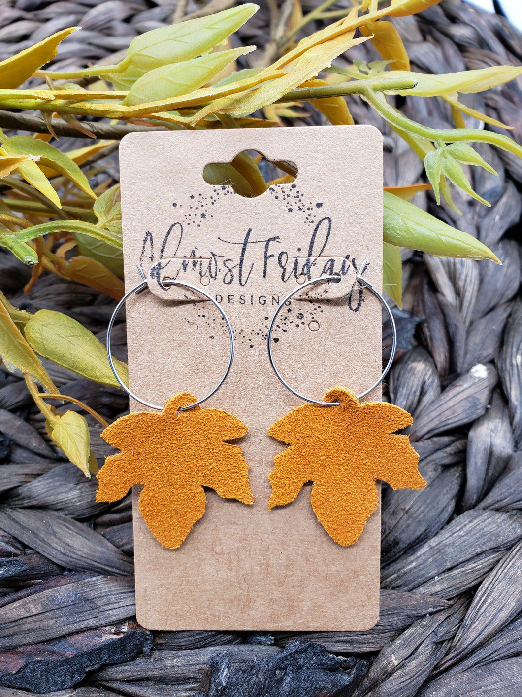 Genuine Leather Earrings - Leaf - Statement Earrings - Fall Leaf - Fall Earrings - Maple Leaf - Mustard - Hoop Earrings
