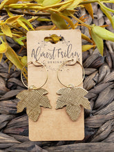 Load image into Gallery viewer, Genuine Leather Earrings - Leaf - Statement Earrings - Fall Leaf - Fall Earrings - Maple Leaf - Gold - Textured Leather - Hoop Earrings - Textured Leather
