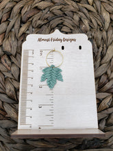 Load image into Gallery viewer, Genuine Leather Earrings - Leaf - Statement Earrings - Braided Leather - Fall Leaf - Fall Earrings - Maple Leaf - Sage - Seafoam - Textured Leather - Hoop Earrings - Textured Leather
