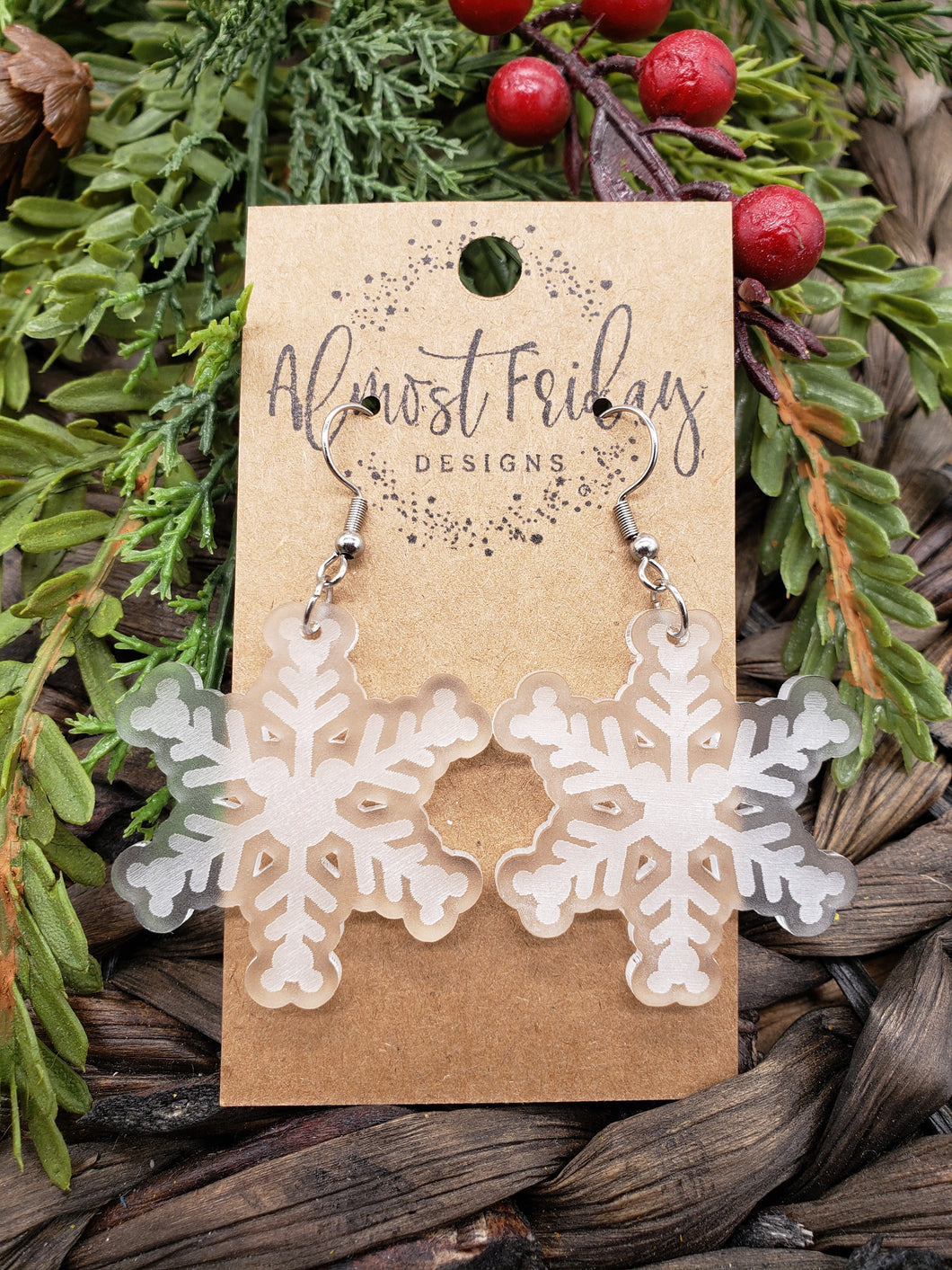 Acrylic Earrings - Snowflake - Mouse Earrings - Christmas - Winter - Cut Out Earrings - White - Frosted - Statement Earrings