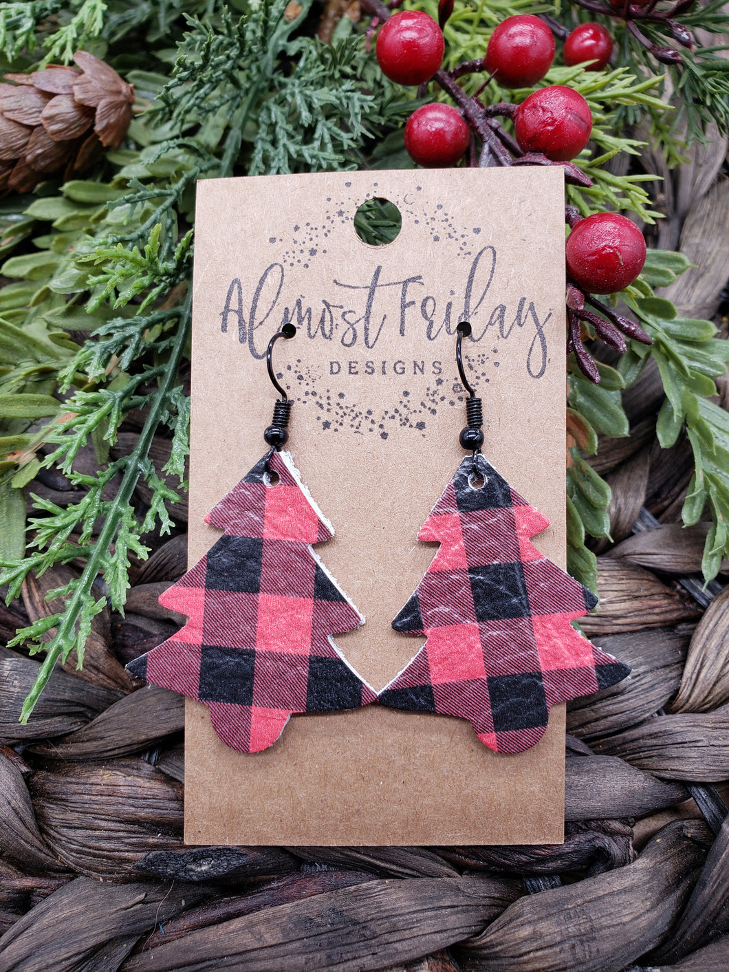 Genuine Leather Earrings - Christmas Tree - Christmas Tree Earrings - Buffalo Check - Fall Earrings
