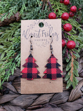 Load image into Gallery viewer, Wood Earrings - Christmas Tree - Christmas Tree Earrings - Buffalo Check - Christmas - Statement Earrings - Plaid - Black and Red
