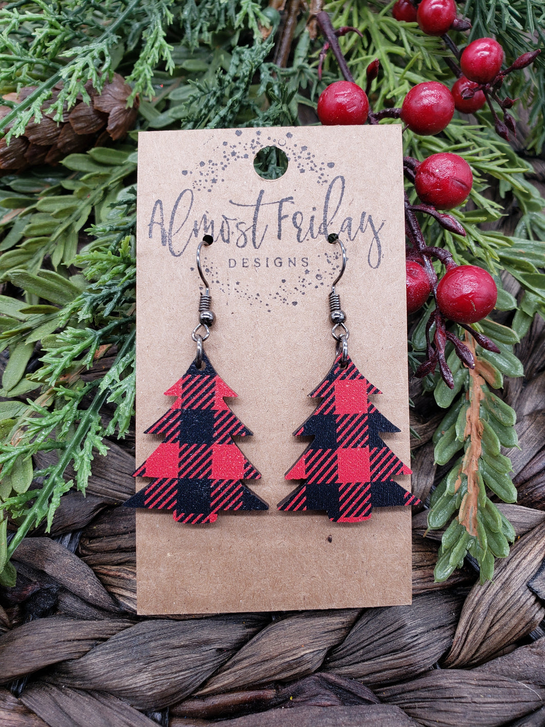 Wood Earrings - Christmas Tree - Christmas Tree Earrings - Buffalo Check - Christmas - Statement Earrings - Plaid - Black and Red