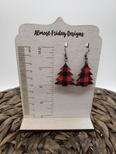 Load image into Gallery viewer, Wood Earrings - Christmas Tree - Christmas Tree Earrings - Buffalo Check - Christmas - Statement Earrings - Plaid - Black and Red
